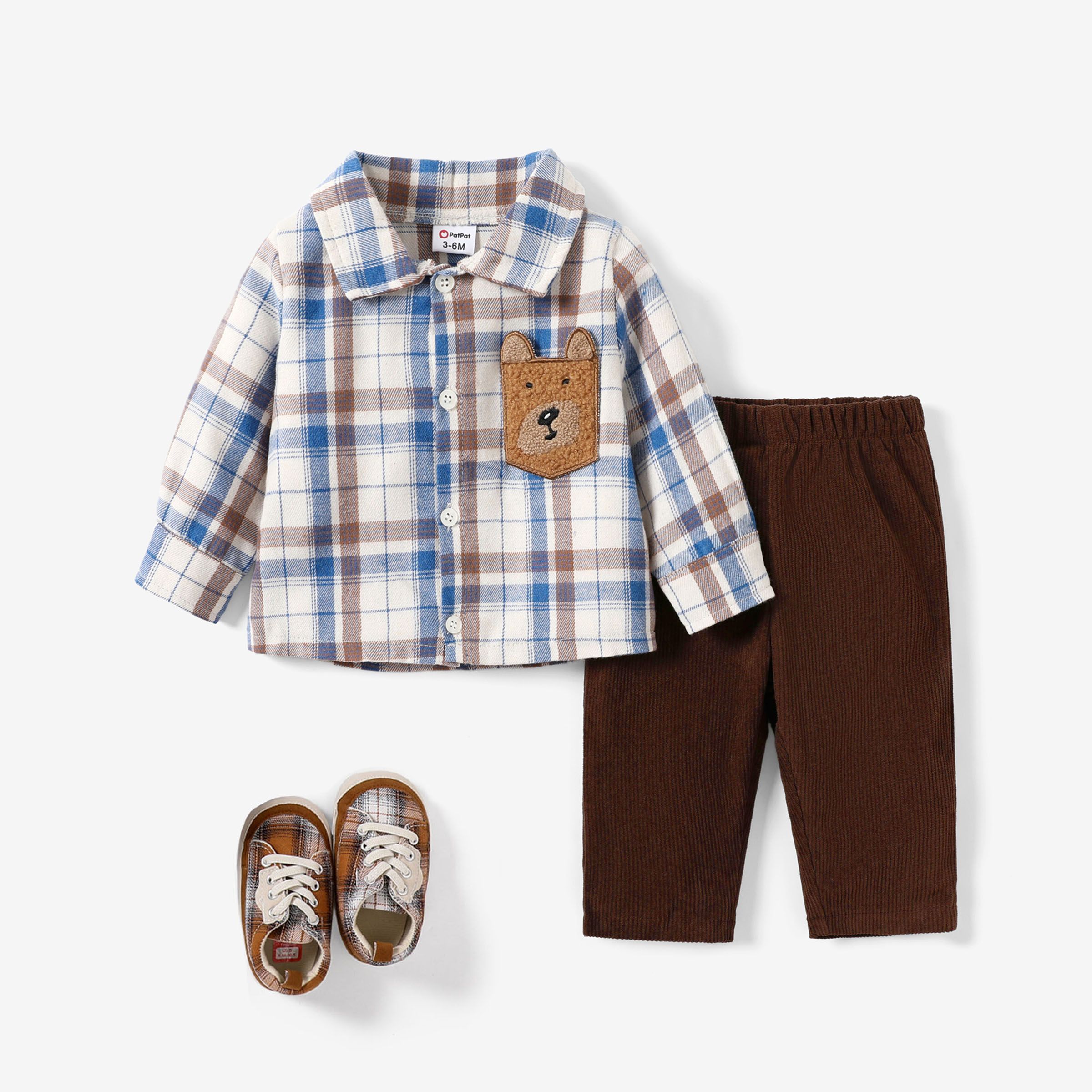 

2pcs Baby Boy Casual Bear Pocket Plaid Shirt Loose Set