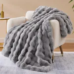 PatPat Double-Layer Plush Faux Rabbit Fur Bubble Jacquard Blanket Grey