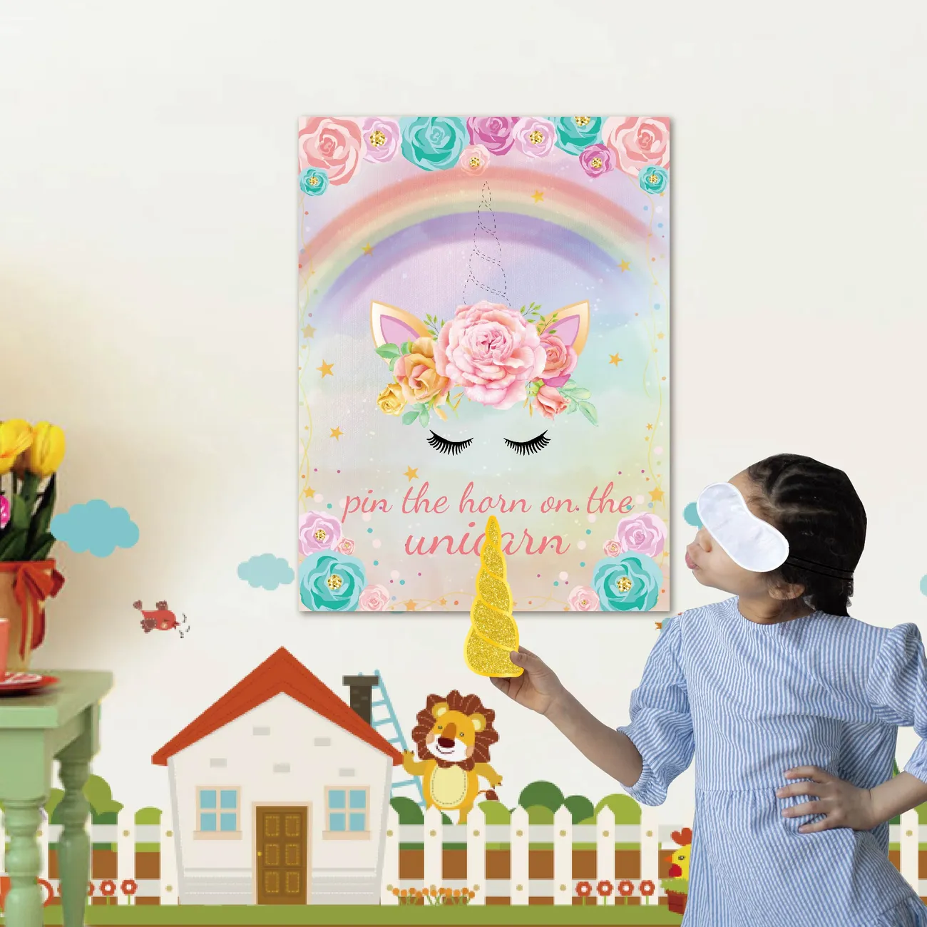 يونيكورن حزب لعبة ملصق ملصق مجموعة مع دبابيس الأطفال - مثالية لغرفة المعيشة المشهد الديكور والجدار الخلفية (مناسبة للحفلات) متعدد الألوان big image 1