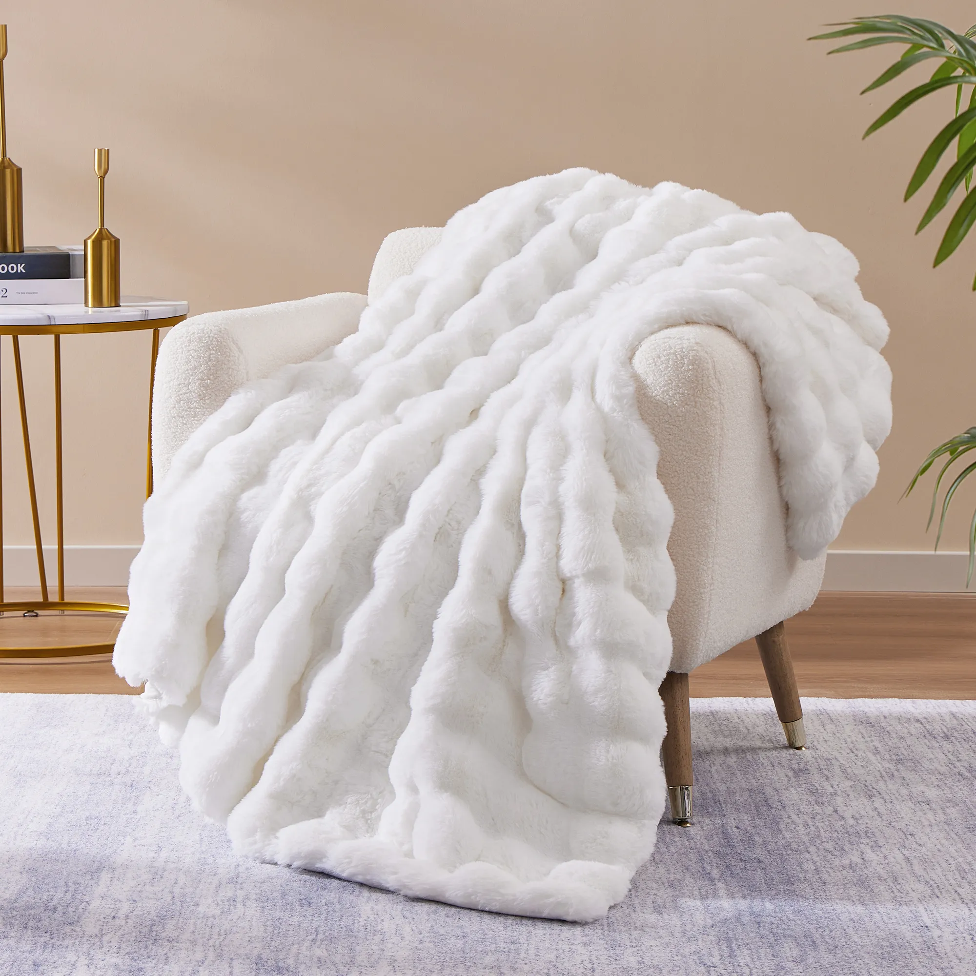 CozyBloom Double-Layer Plush Faux Rabbit Fur Bubble Jacquard Blanket