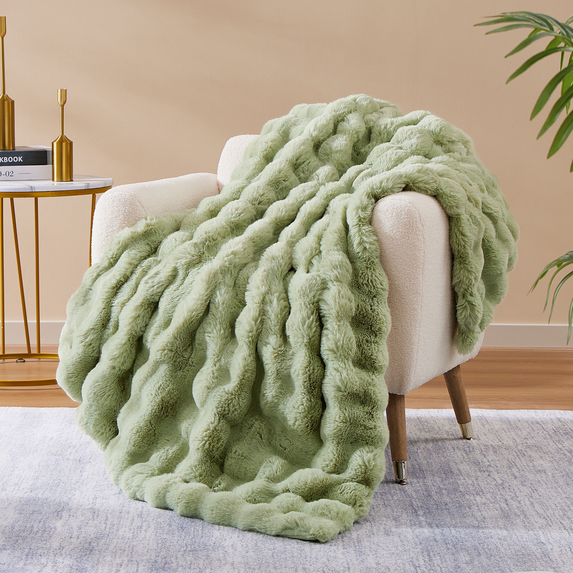 CozyBloom Double-Layer Plush Faux Rabbit Fur Bubble Jacquard Blanket