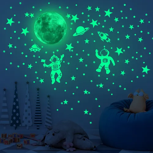 Night Glow Astronaut Planet Wall Sticker, Luminous Decal for Kids' Room