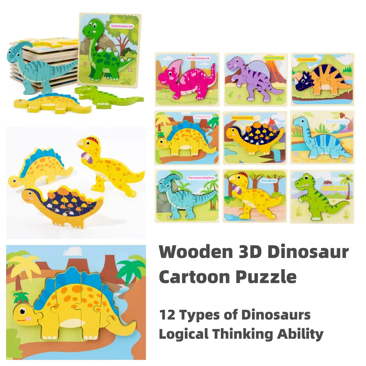 Rompecabezas de dinosaurios de madera en 3D con diseño de hebilla, rompecabezas de dibujos animados para la educación temprana Turquesa big image 1
