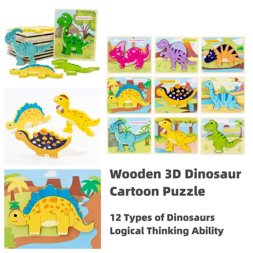 Quebra-cabeça de dinossauro de madeira 3D com design de fivela, quebra-cabeça dos desenhos animados para a educação infantil