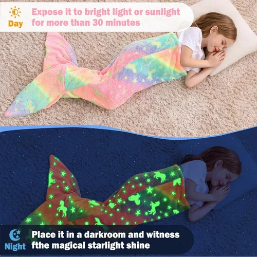 Saco de dormir de luz de noche de sirena para niños pequeños en vellón de franela