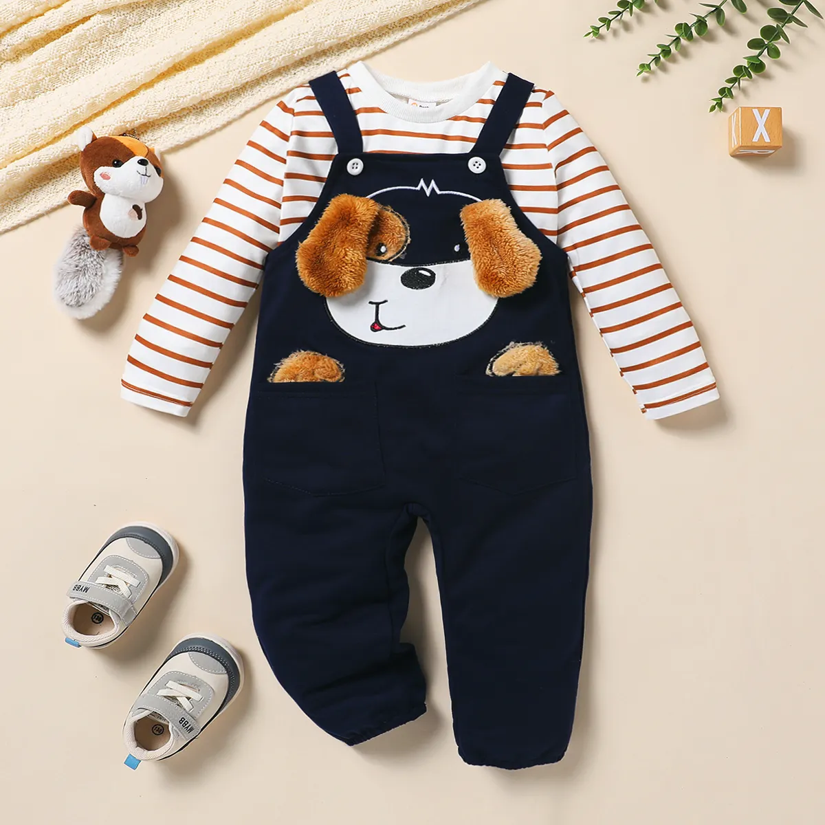 2pcs Toddler Girl/Boy Solid Long-sleeve Top And Puppy Embroidered Overalls Set