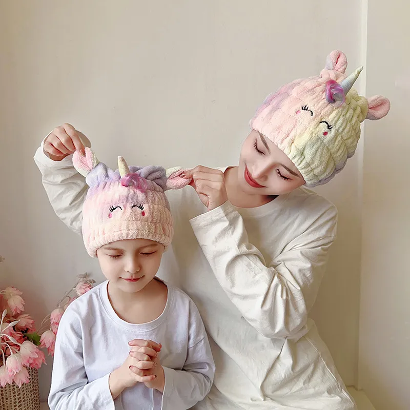 Mignon Licorne famille bonnet de séchage de cheveux en polaire corail Couleur-A big image 1
