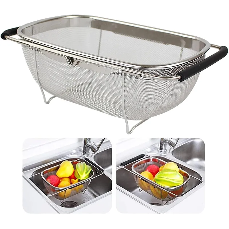 Aço inoxidável frutas e vegetais lavagem e cesto de filtragem Prata big image 1