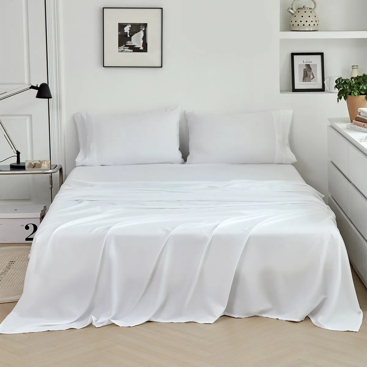 Juego de ropa de cama de color sólido: juego de tres piezas con sábana ajustable, funda de almohada y sábana plana  Blanco big image 1