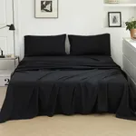 Juego de ropa de cama de color sólido: juego de tres piezas con sábana ajustable, funda de almohada y sábana plana  Negro