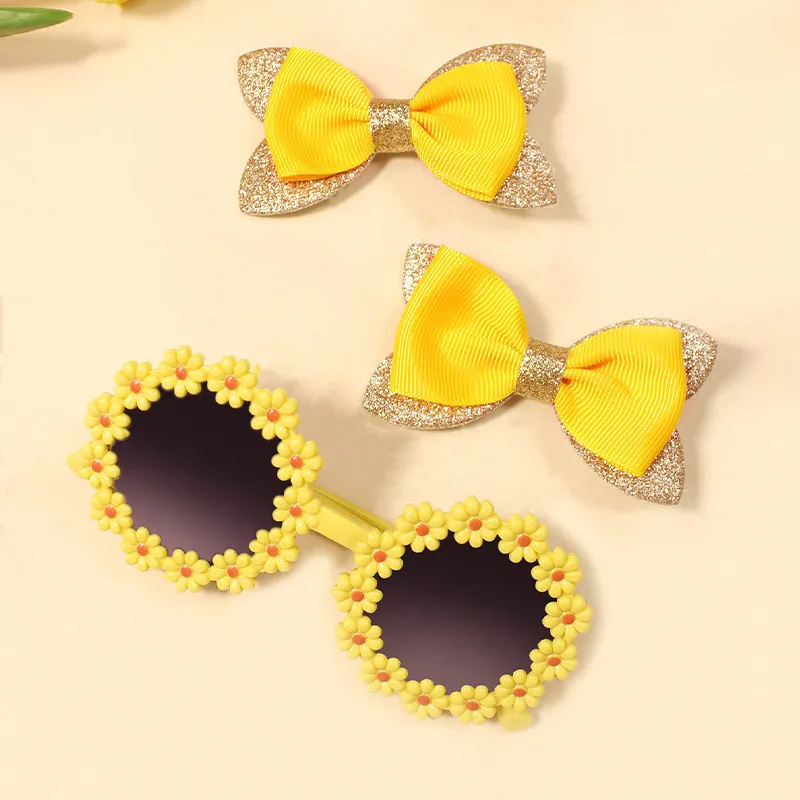 Juego de horquillas de lazo y gafas de flores para niños pequeños / niños Amarillo big image 1