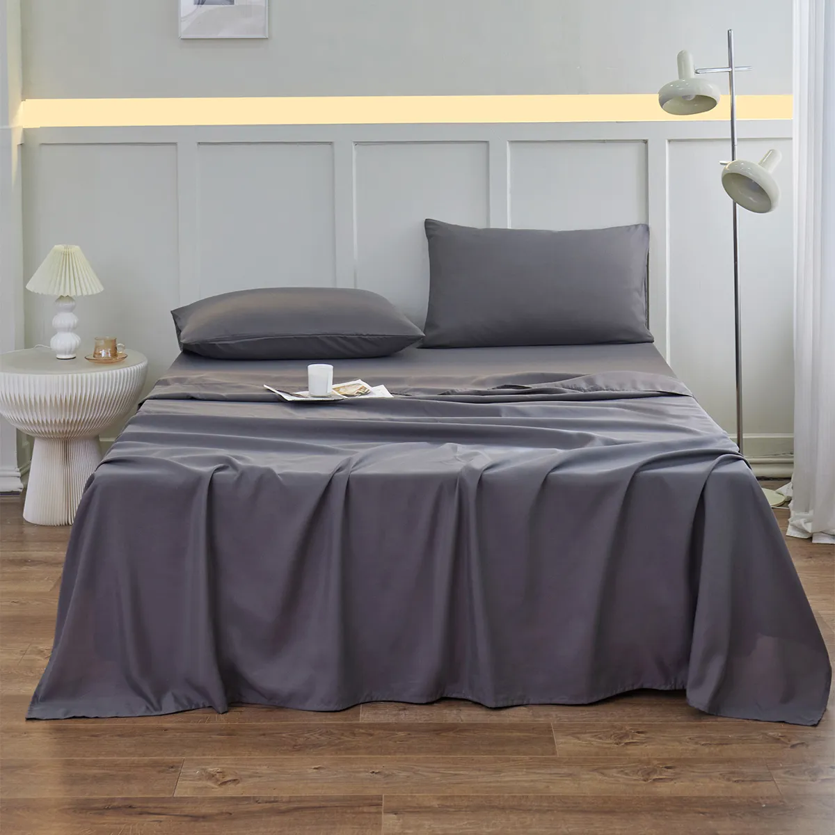 Solid Color Bedding Set: Three-piece Set with Fitted Sheet, Pillowcase, and Flat Sheet  Grey big image 1