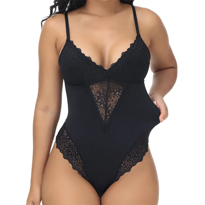 Plus Size Lace Bodysuit Shapewear with Sexy Suspender Straps Only