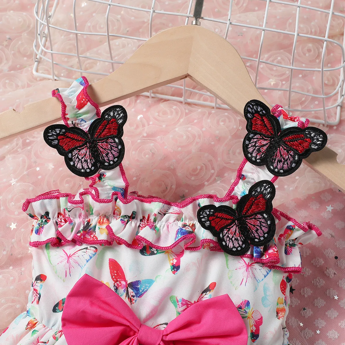 Toddler Girls Butterfly Smocking Sweet Animal Print Hanging Strap Dress Multi-color big image 1