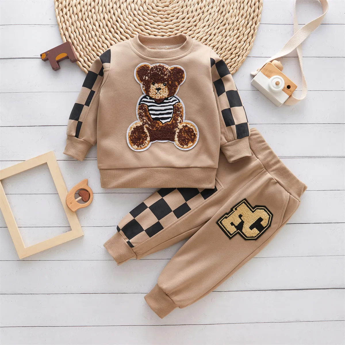 Baby Boy Autumn Grid Print Bear Embroidery Towel Top And Pants Set