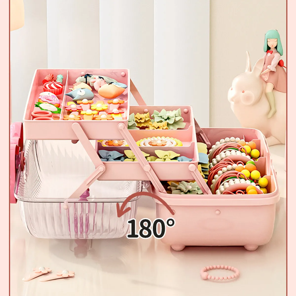 Boîte de rangement transparente et mignonne pour bijoux et accessoires pour enfants Rose big image 1