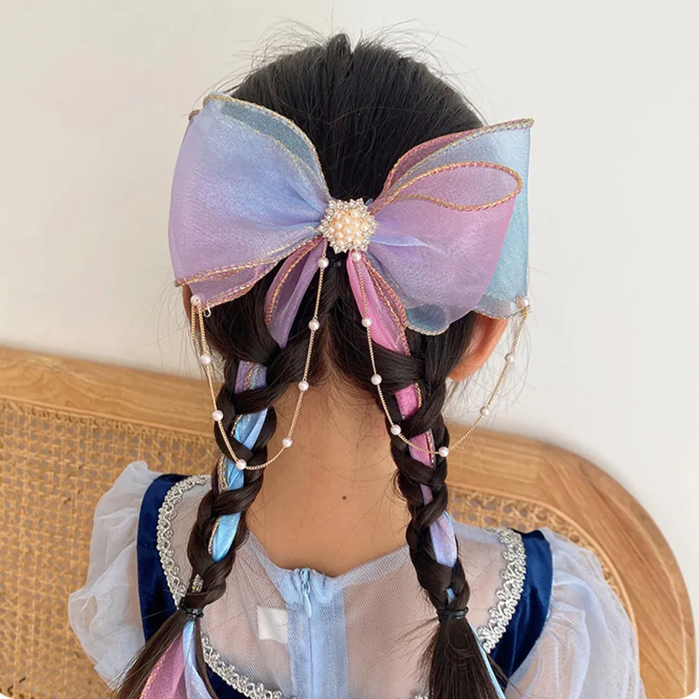Toddler/kids Pearl bow tassel ribbon headband Color-B big image 1