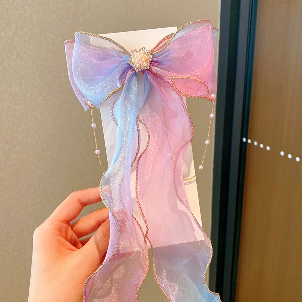 Toddler/kids Pearl bow tassel ribbon headband Color-A big image 1