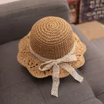 Sombrero de paja de playa lindo dulce para bebé/niña pequeña con estilo de cinta de satén al azar Caqui