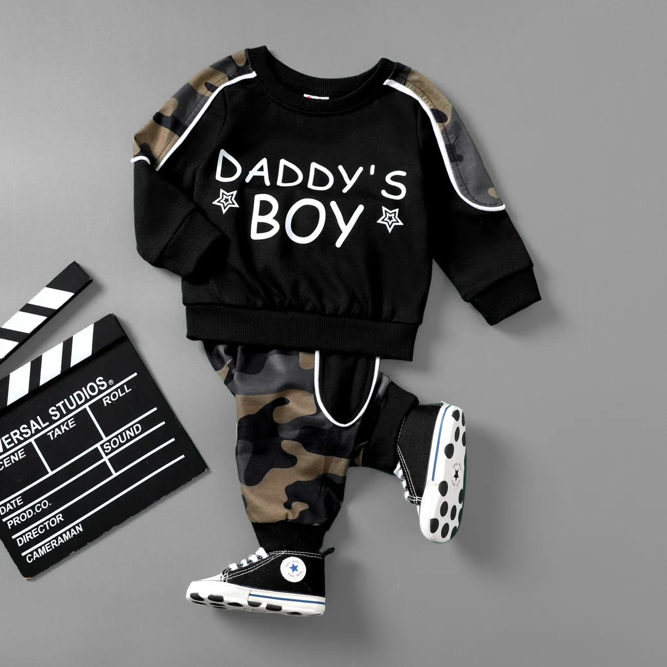 2pcs Toddler Boy Camouflage Set with Avant-garde Fabric Stitching Black big image 1