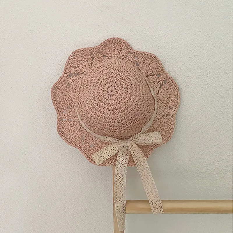 Sombrero de paja de playa lindo dulce para bebé/niña pequeña con estilo de cinta de satén al azar Rosado big image 1
