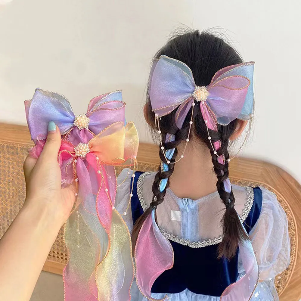 Toddler/kids Pearl bow tassel ribbon headband Color-B big image 1