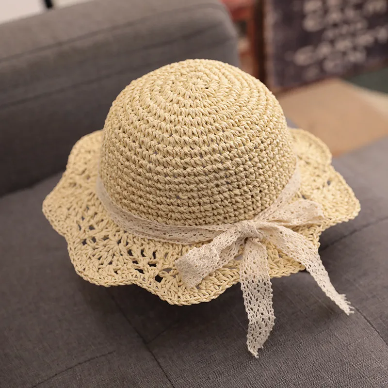 Sombrero de paja de playa lindo dulce para bebé/niña pequeña con estilo de cinta de satén al azar Beige big image 1