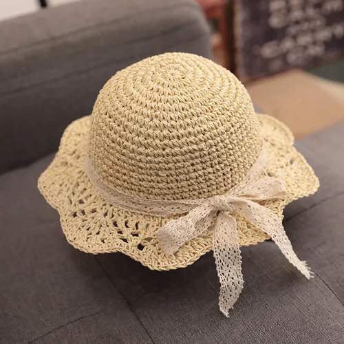 Sombrero de paja de playa lindo dulce para bebé/niña pequeña con estilo de cinta de satén al azar