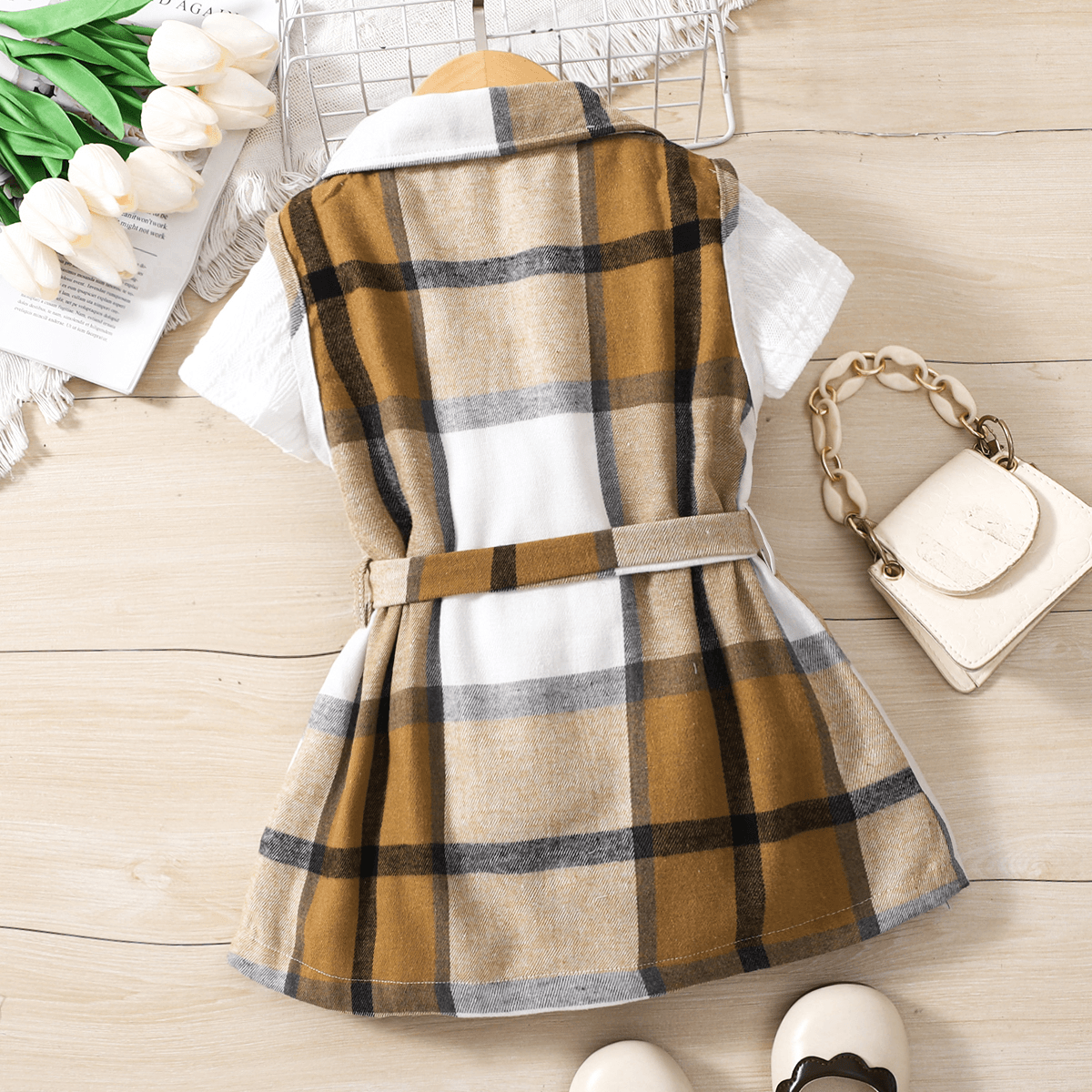 2pcs Toddler/Kid Girl's Casual Vest And Houndstooth Lapel Dress Set