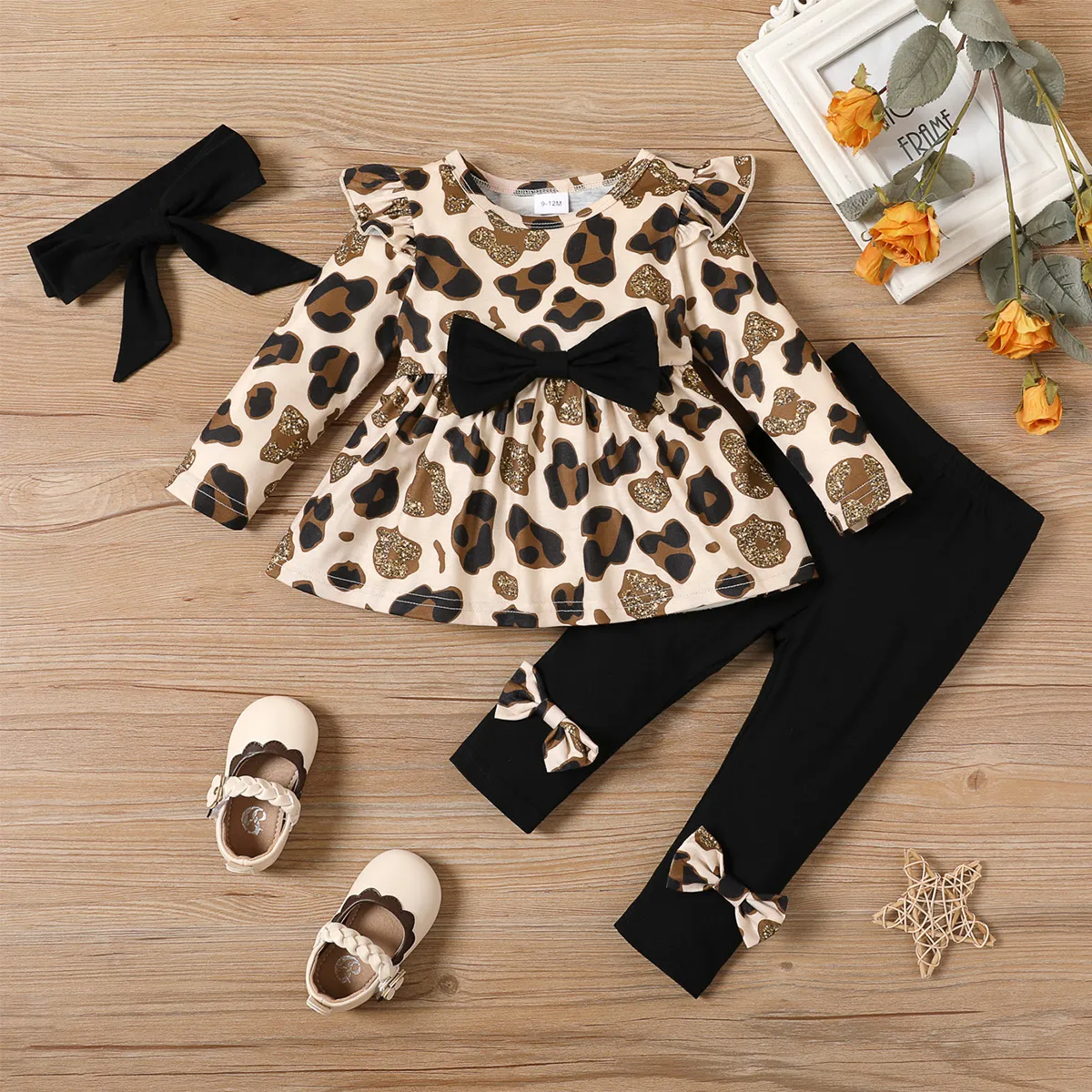 3件 嬰兒 女 荷葉邊 豹紋 甜美 長袖 嬰兒套裝