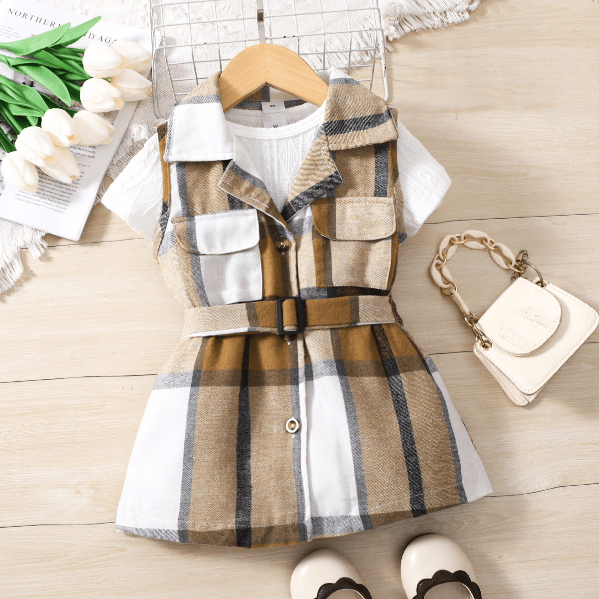 Costume-Dress Casual Houndstooth Pour Fille En 2 Pièces Avec Revers - Mélange Polyester & Coton