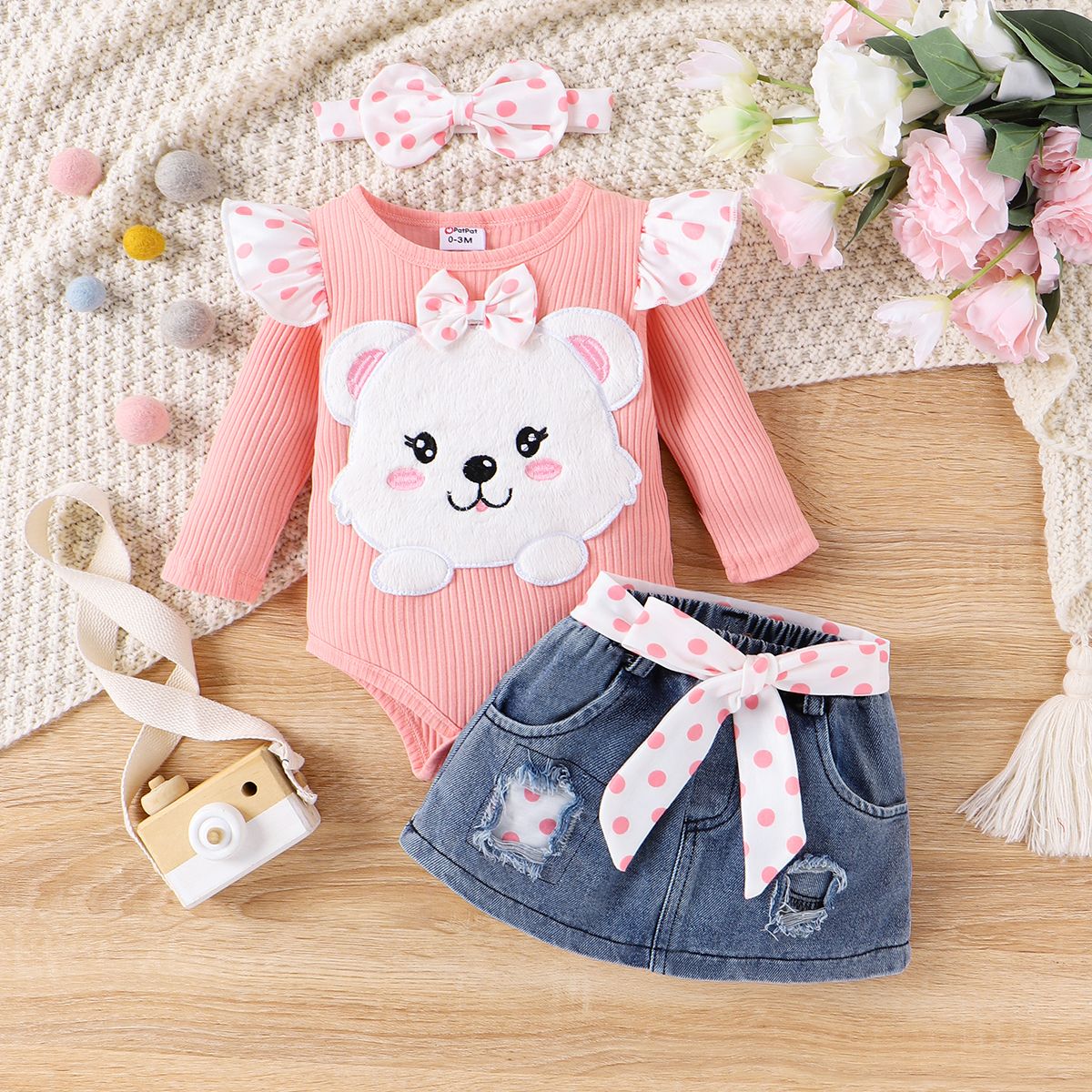 3pcs Baby Girl Sweet Bear Embroidery Romper And Denim Skirt Set