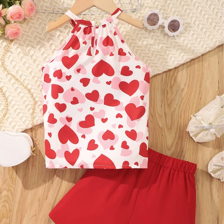 2pc Kid Girl Valentine's Heart-shaped Open Sleeve Sweet Top and Pants Set  Red big image 1