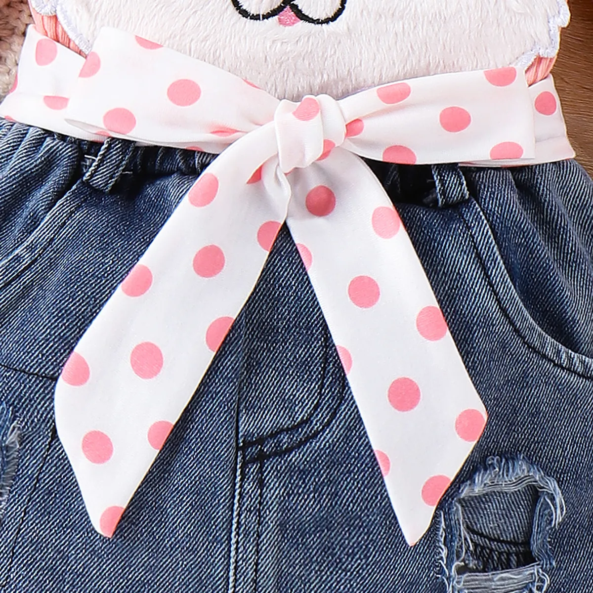 3pcs Baby Girl Sweet Bear Embroidery Romper and Denim Skirt Set Pink big image 1