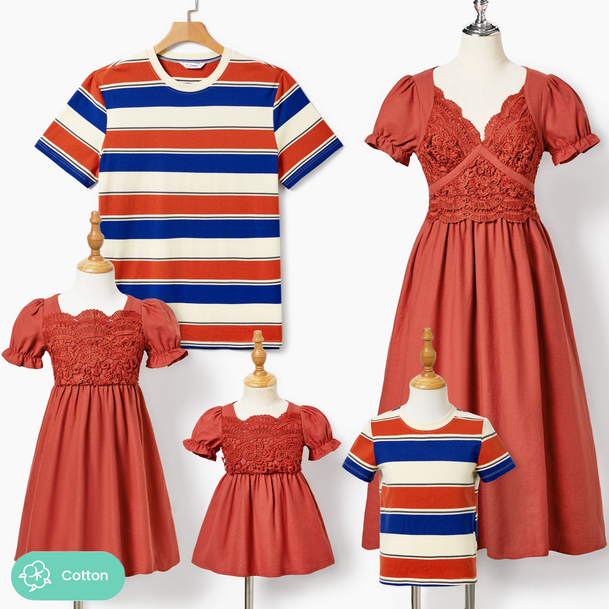 Family Matching Lace Embroidered Scalloped Neck Dress And Stripe T-shirt Sets