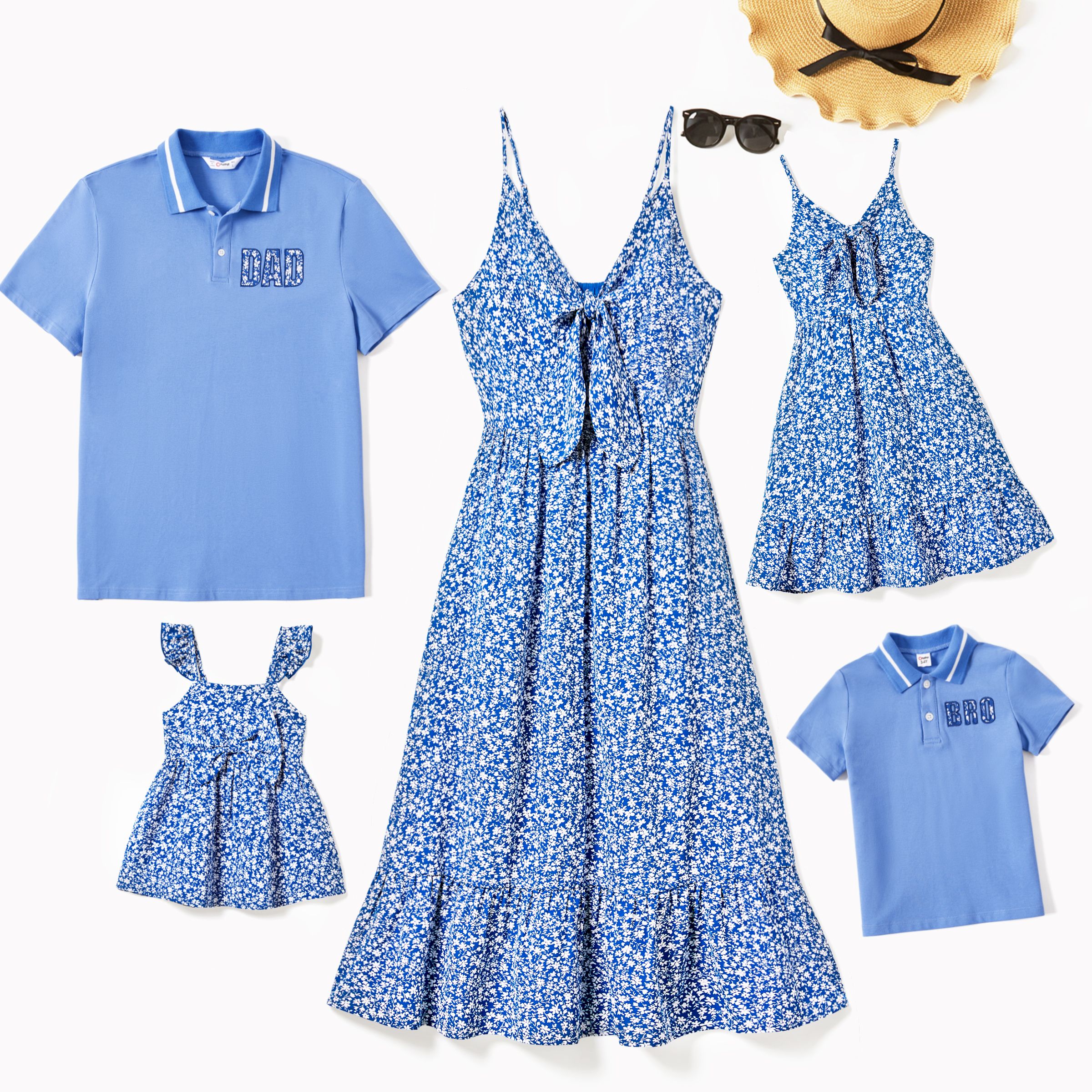 Family Matching Ditsy Floral Tie Front Strap Dress And Polo Shirt Sets