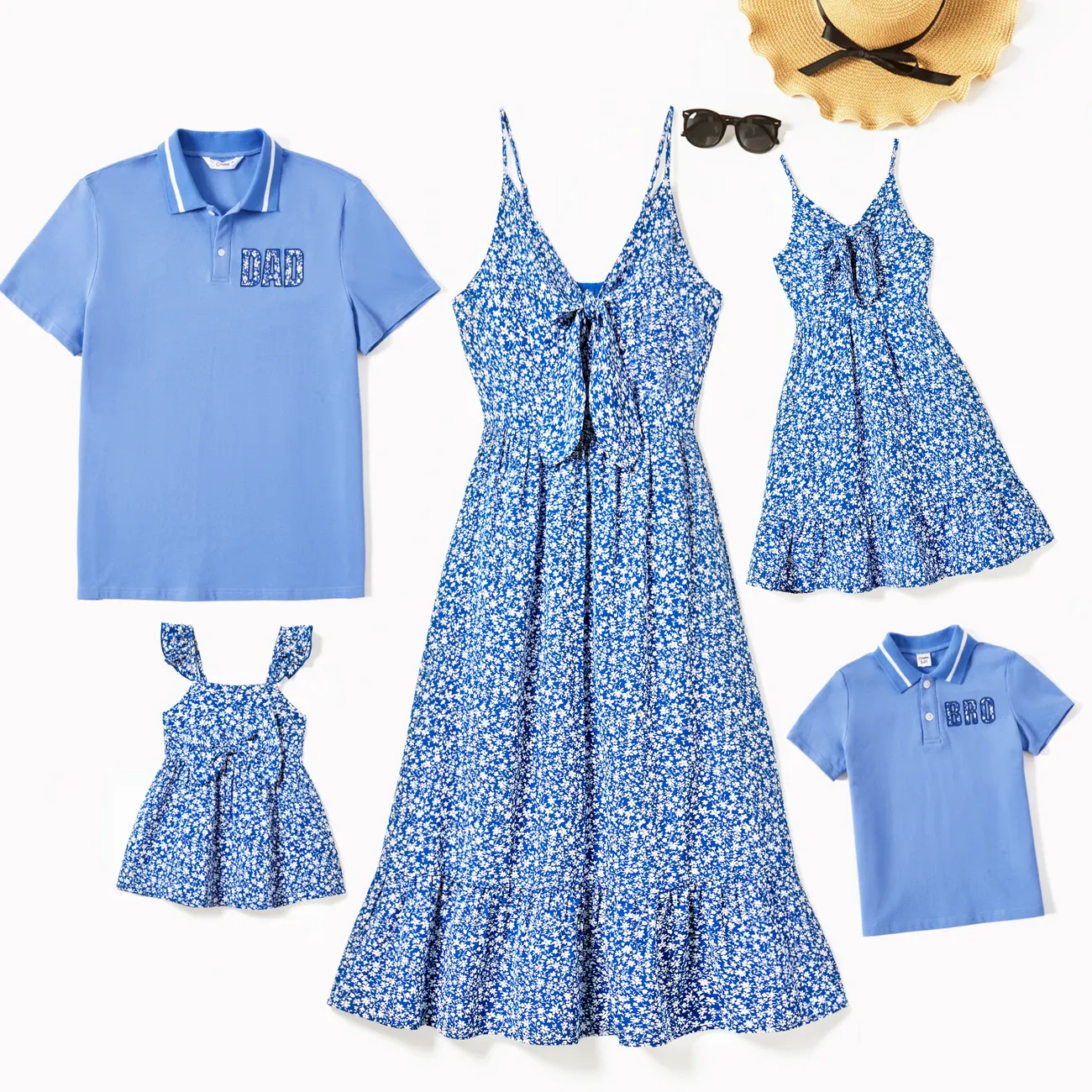 Family Matching Ditsy Floral Tie Front Strap Dress and Polo Shirt Sets Blue big image 1