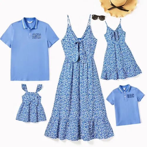 Family Matching Ditsy Floral Tie Front Strap Dress and Polo Shirt Sets