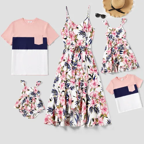 Conjunto familiar de vestido con tirantes inferiores envolventes florales a juego y conjuntos de camisetas con bloques de colores