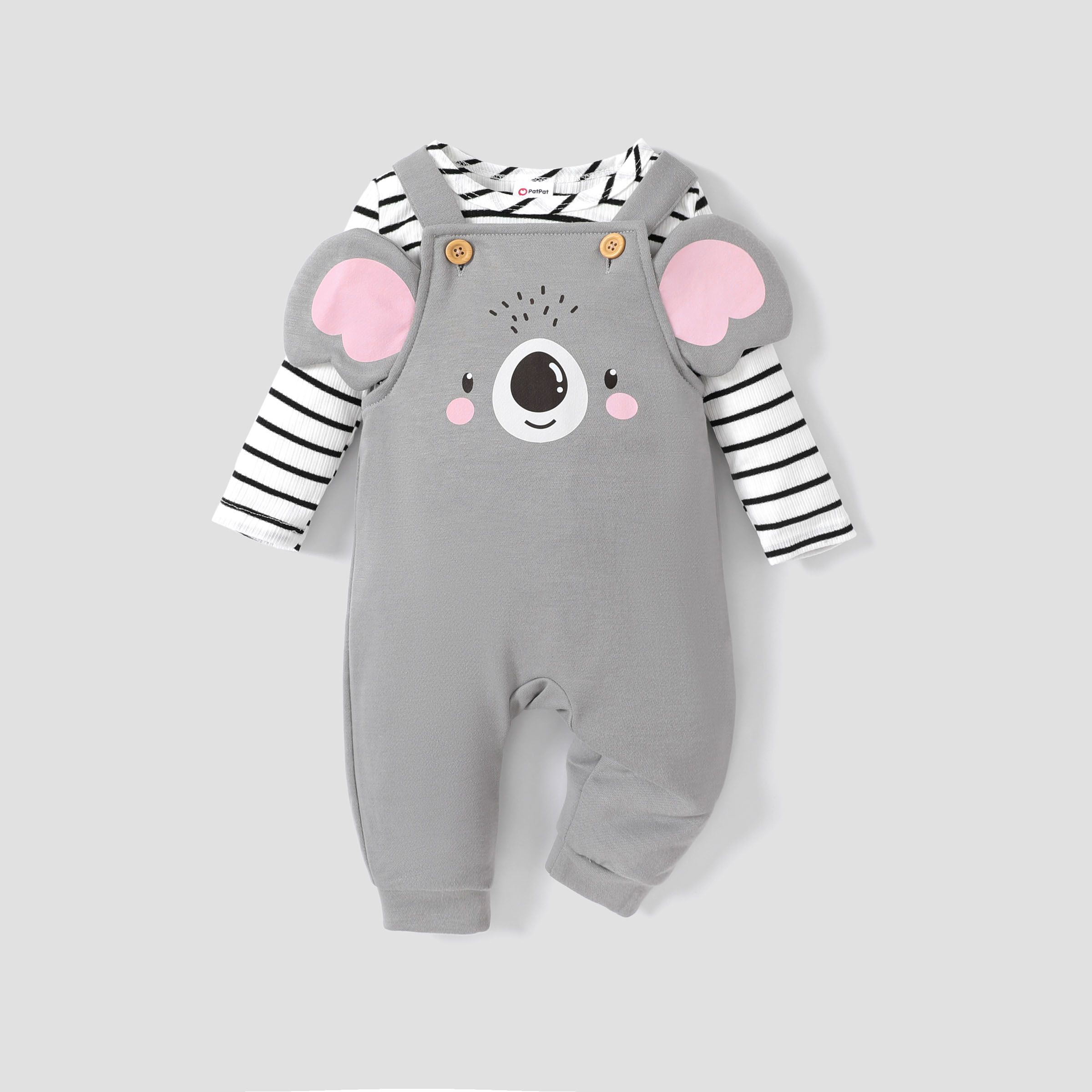 2pcs Baby Boys/Girls Childlike Long Sleeve Top And Hanging Strap And Elephant Pattern Overalls Set