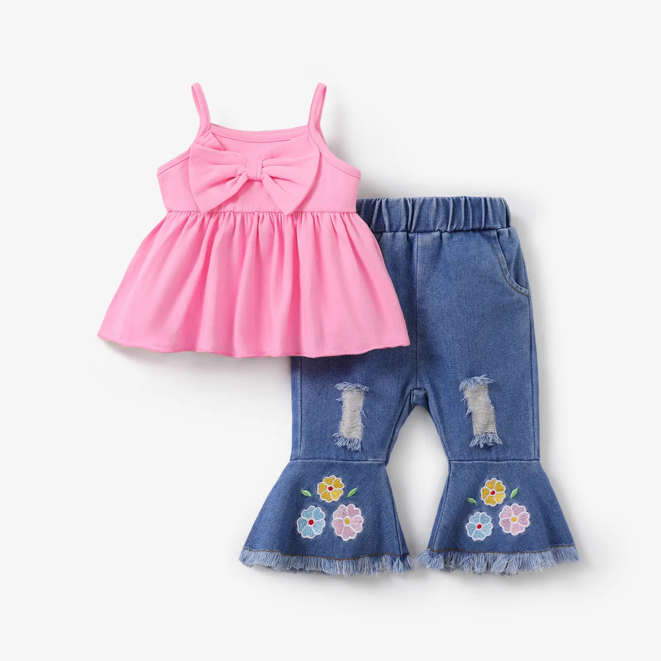 2pcs Baby Girl Sweet Cami Top and Denim Ripped Jeans Set Pink big image 1