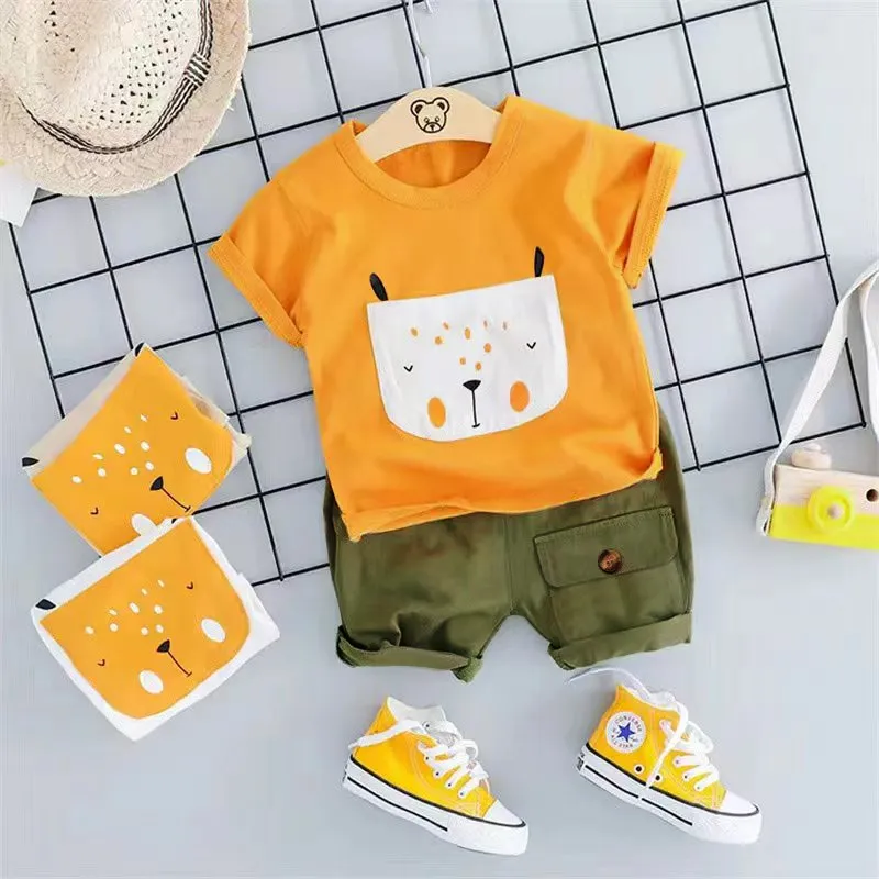 2pcs Toddler Boy Childlike Animal Pattern Top And Patch Pocket Pants Set