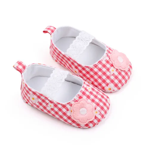 Baby / Kleinkind Mädchen Süße Karo und Blume Applikation Spitze Riemen Pre-Walker Schuhe 