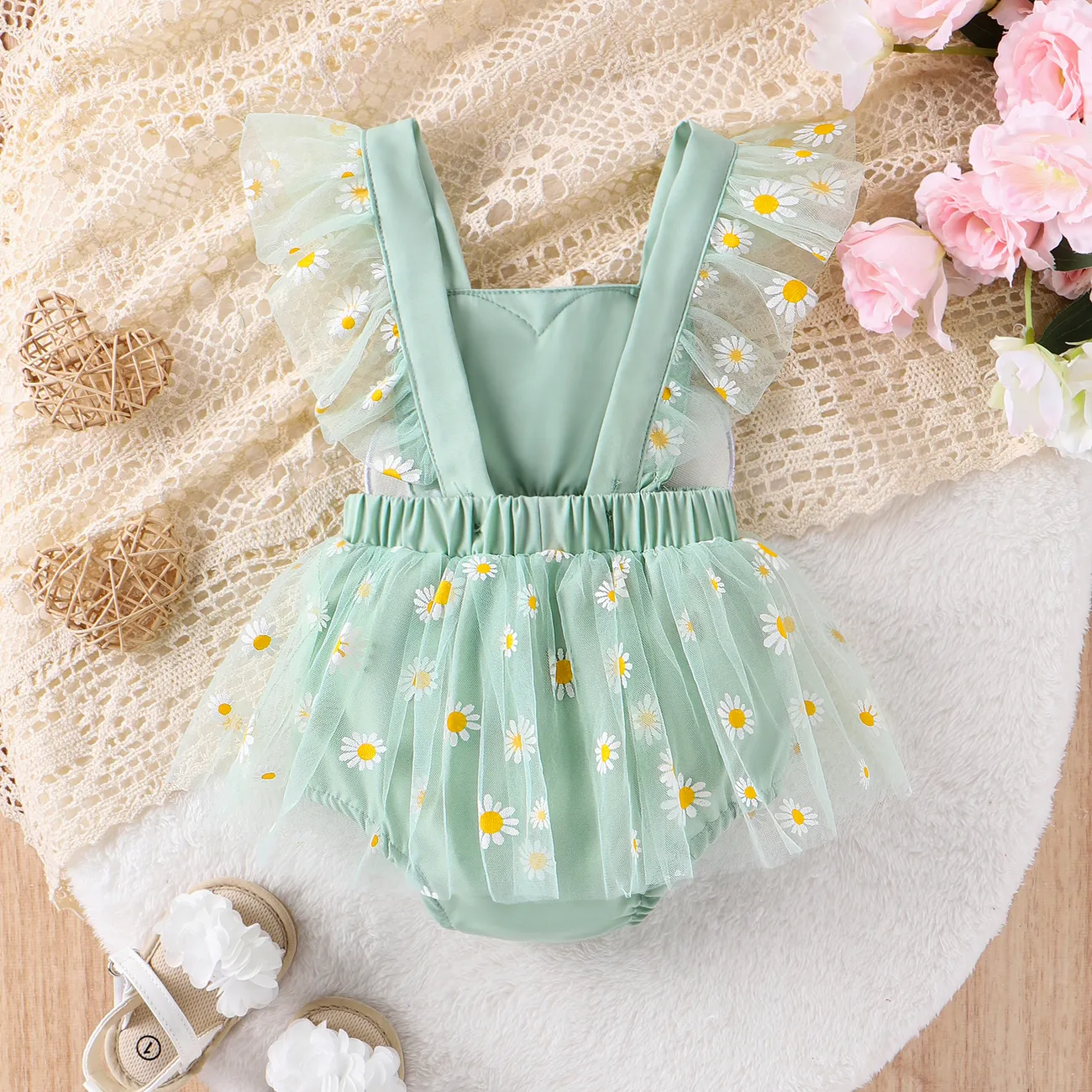 Baby Girls  Hyper-Tactile 3D Floral Design Daisy Romper  Green big image 1