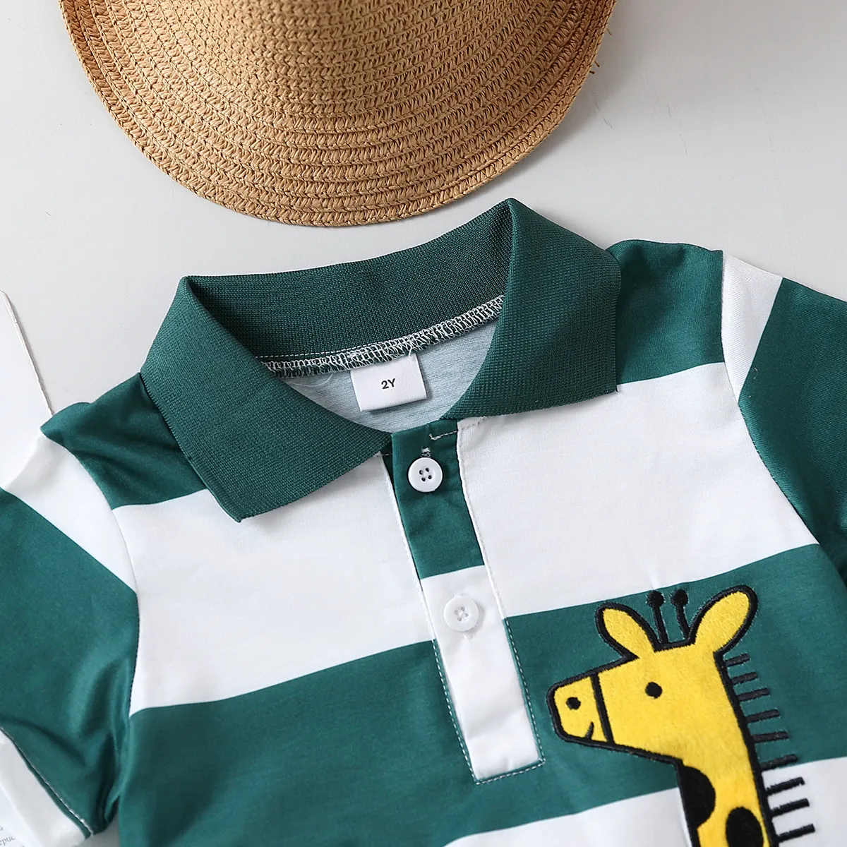 2pc Toddler Boy Giraffe-patterned Shirt Collar Top and Pants Set Green* big image 1