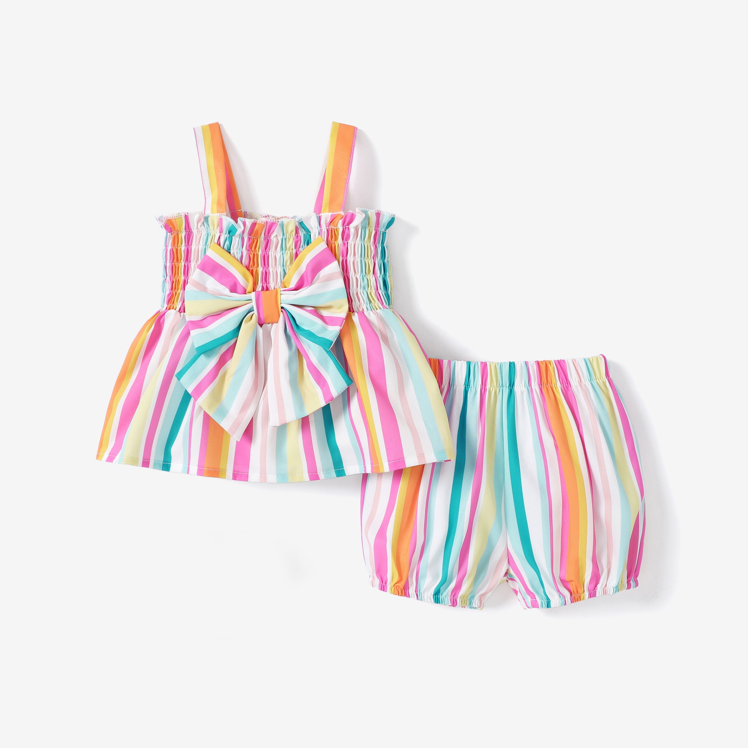 2pc Baby Girl Sweet Stripe Print 吊帶背心上衣和短褲套裝