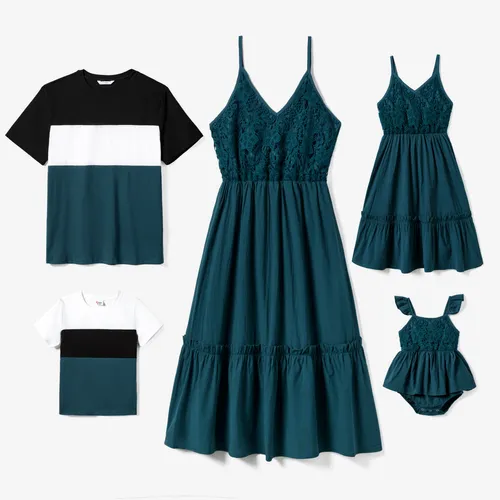 Family Matching Color-Block Tee and Lace Ruffle Hem Strap Dress Sets