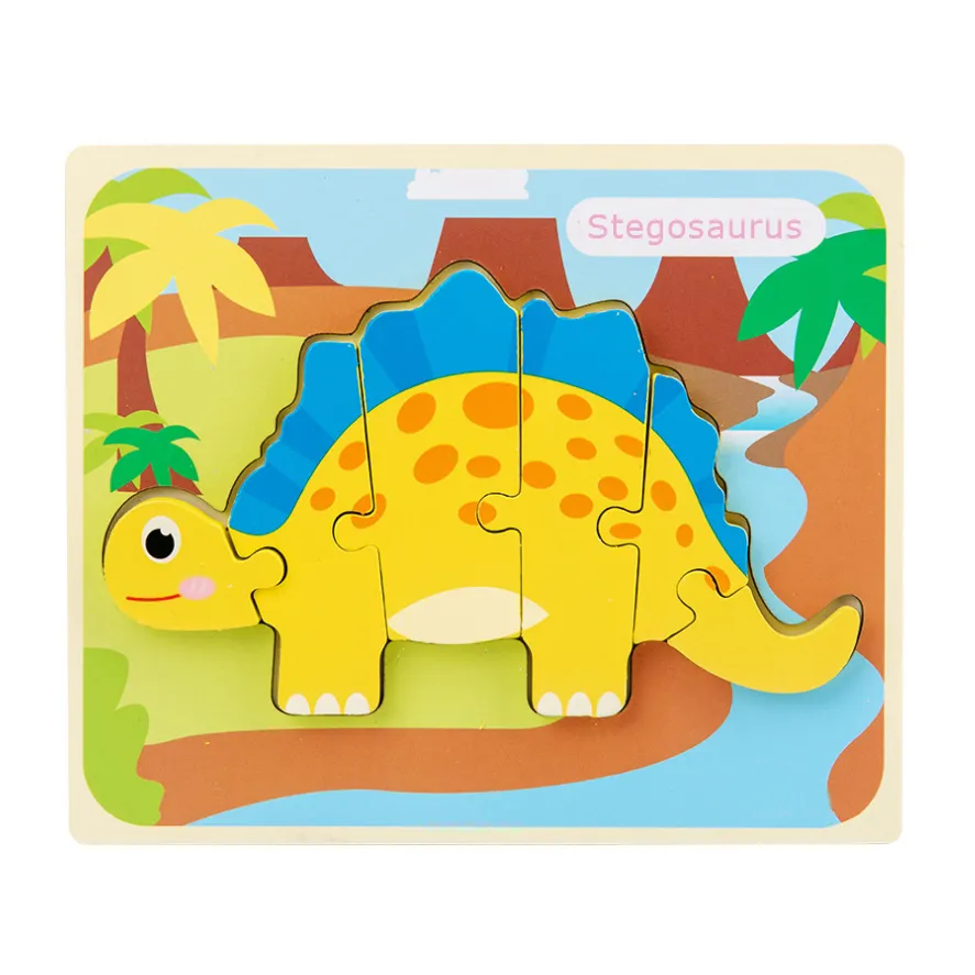 Rompecabezas de dinosaurios de madera en 3D con diseño de hebilla, rompecabezas de dibujos animados para la educación temprana Amarillo