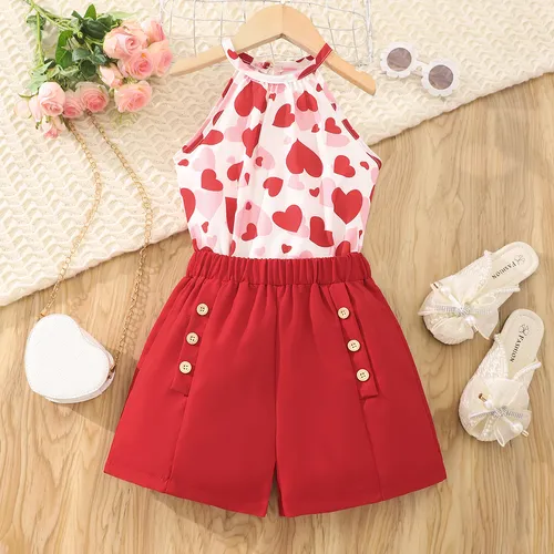 2pc Kid Girl Valentine's Heart-shaped Open Sleeve Sweet Top and Pants Set 