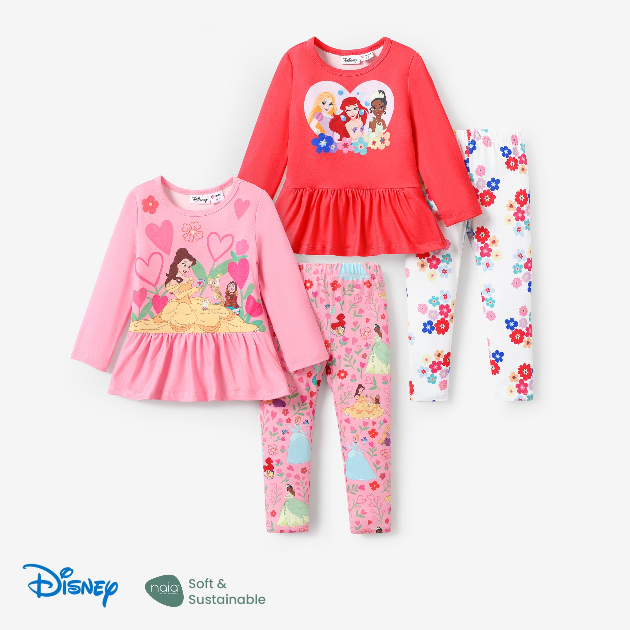迪士尼公主幼兒女孩母親節 2 件套 Naia™ 角色印花荷葉邊上衣和褲子套裝